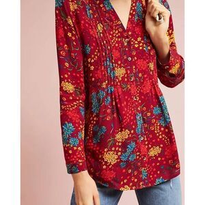 Maeve Yellow Blue and Red Floral on Red LS Blouse Small (5262)